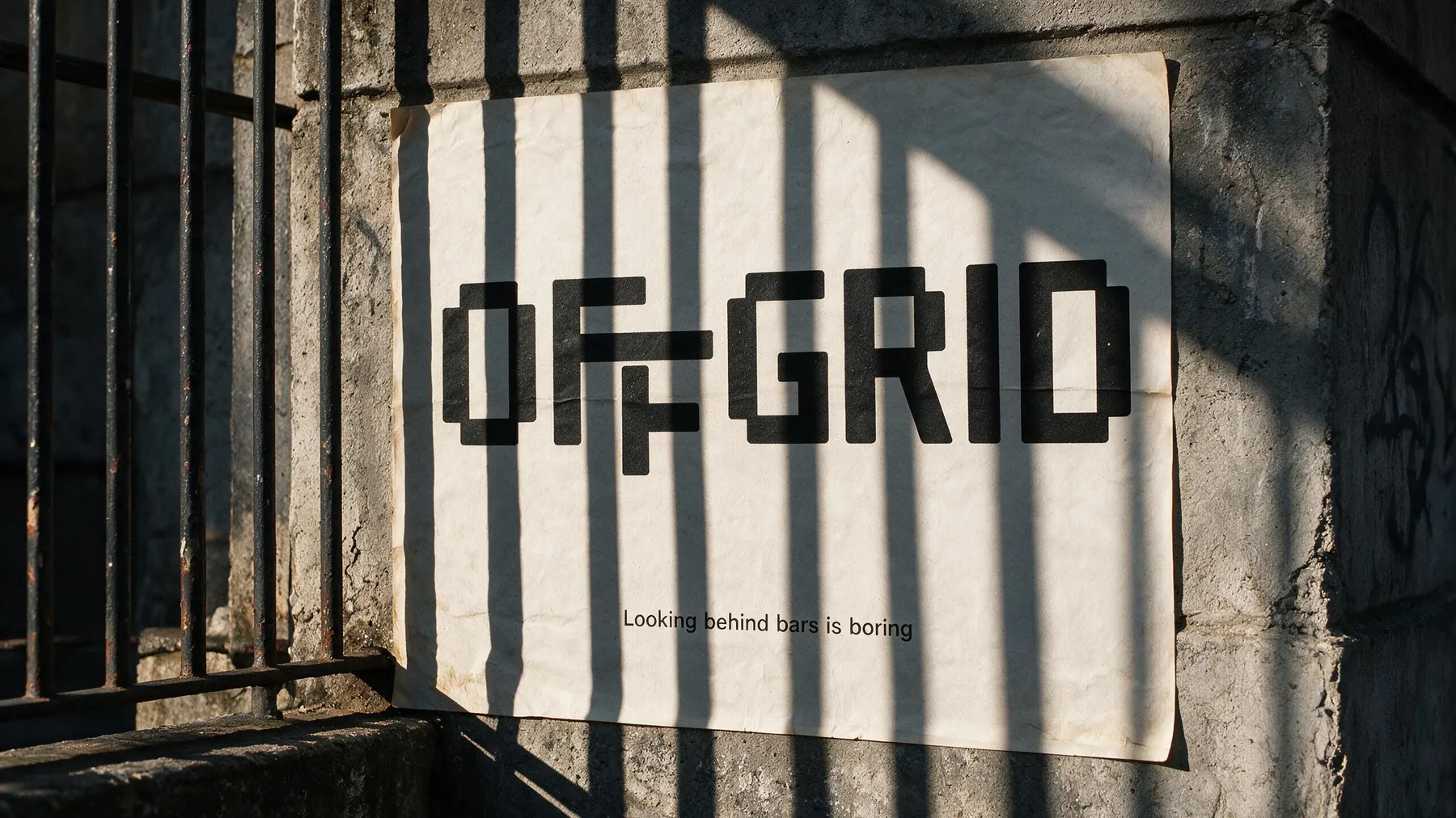 Cartaz da OffGrid colado num muro de pedra, com a sombra de um gradil atravessando as letras